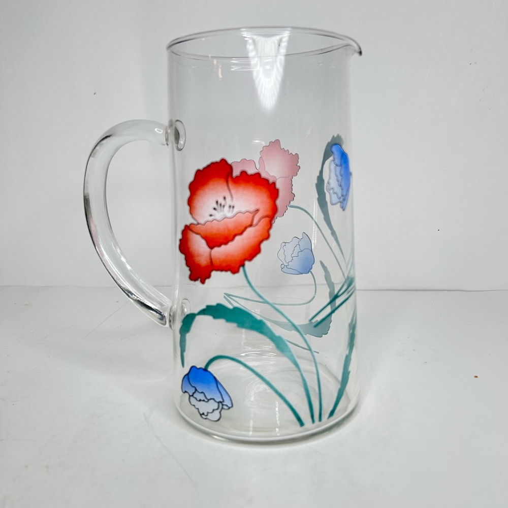 Vintage Hand Painted Floral Glass Pitcher Cottagecore Poppy Carafe